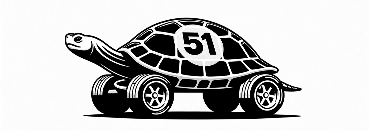 A turtle with racing wheels for legs and the number 51 on its shell